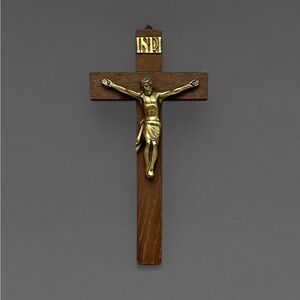 Vintage Wooden Crucifix Wall Cross – Brass Corpus – INRI – Made in West Germany